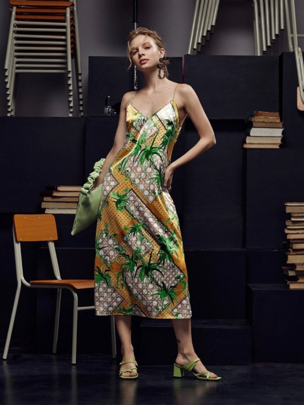 Faye Chan | Satin Tropical Print Lace-up Slip Dress | NWT